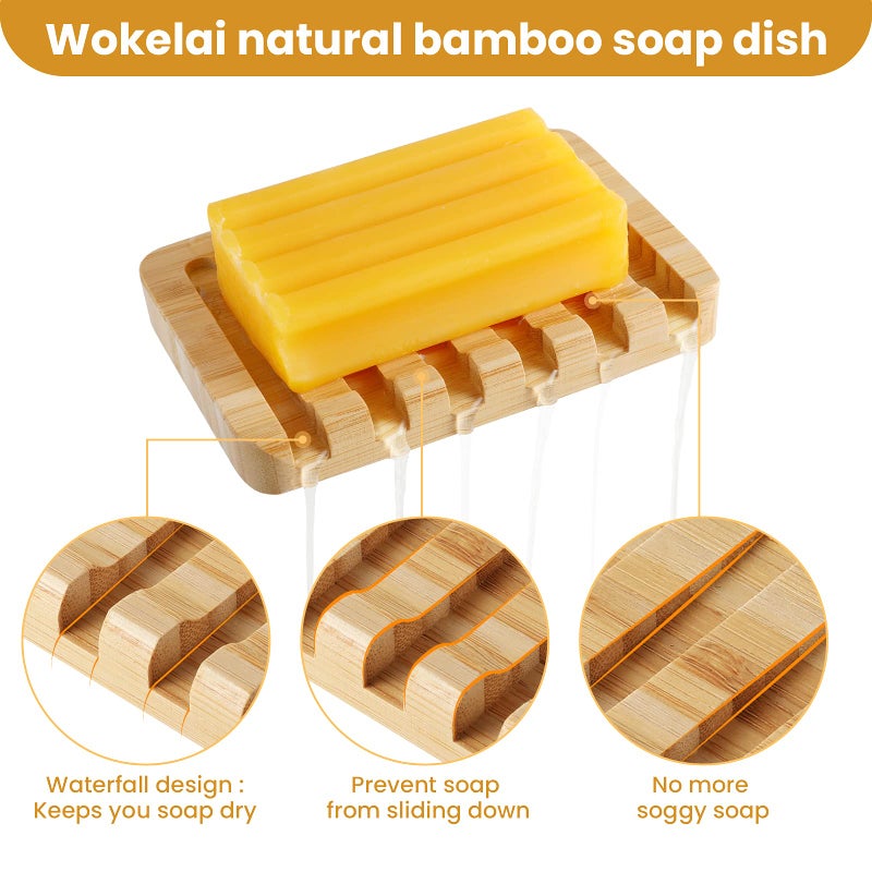 wokelai Shampoo Bar Holder Bamboo Soap Dish for Shower Wood Soap Dishes Wooden Soap Saver Tray Stand Self Draining Travel Soap Container Case for Bathroom Kitchen Bath Tub Razor Sponges  Waterfall Drain 2 PCS - Image 2